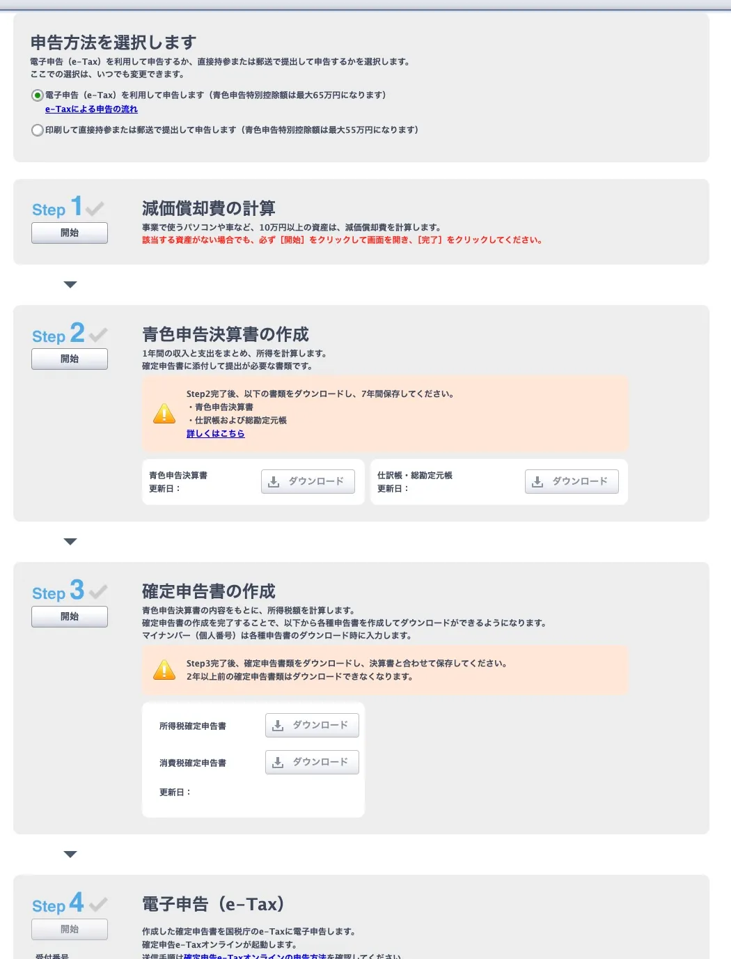 やよいの青色申告オンラインの確定申告の手順画面。Step1からStep4まで並び、Step3に所得税確定申告書と消費税確定申告書のダウンロードボタンがある